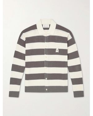 Ami Paris Logo-Embroidered Striped Knitted Cotton Cardigan - Grey