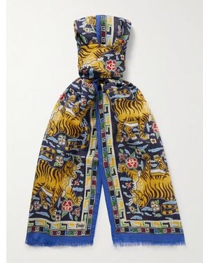 Drake's Frayed Printed Wool And Silk-Blend Scarf - Blue