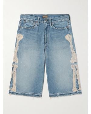 Kapital Straight-Leg Appliquéd Distressed Denim Shorts - Blue