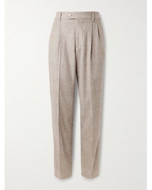 Brunello Cucinelli Tapered Pleated Prince Of Wales Checked Silk - Natural