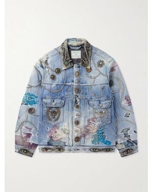 PROLETA-RE-ART Distressed Embellished Patchwork Leather-Trimmed Denim Trucker Jacket - Blue