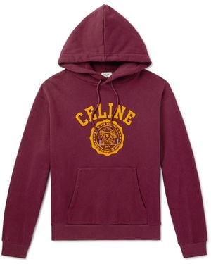 Celine Logo-Flocked Cotton-Jersey Hoodie - Red