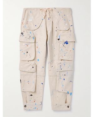 Greg Lauren Tapered Cropped Paint-Splattered Cotton-Canvas Drawstring Cargo Trousers - Natural