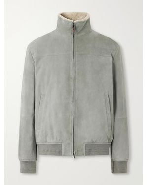 Canali Padded Shearling-Trimmed Suede Bomber Jacket - Gray