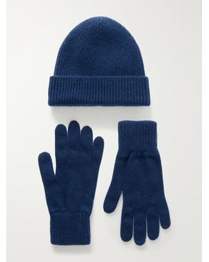 Johnstons of Elgin Ribbed Gloves And Beanie Cashmere Set - Blue