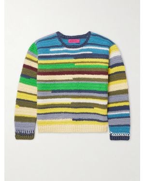 The Elder Statesman Striped Crocheted Organic Cotton Jumper - Blue