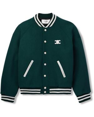 Celine Teddy Triomphe Leather-Trimmed Wool-Blend Varsity Jacket - Green