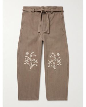 Kartik Research Fauji Belted Embellished Embroidered Cotton-Twill Wide-Leg Trousers - Natural