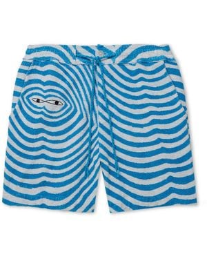 The Elder Statesman Straight-Leg Embroidered Striped Organic Cotton-Terry Drawstring Shorts - Blue