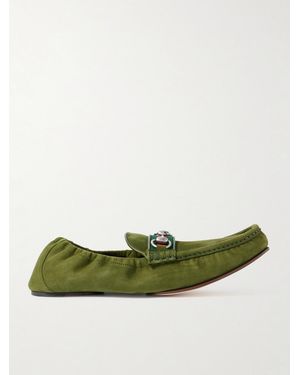 Gucci Horsebit-Embellished Webbing-Trimmed Suede Loafers - Green