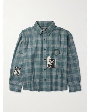 Enfants Riches Deprimes Button-Down Collar Frayed Appliquéd Printed Wool And Silk-Blend Flannel Shirt - Blue