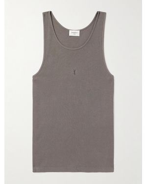 Saint Laurent Logo-Embroidered Ribbed Cotton Tank Top - Grey