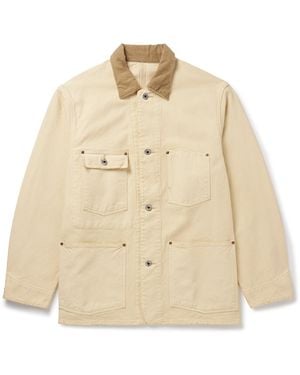 A.PRESSE Vintage Corduroy-Trimmed Distressed Cotton-Blend Canvas Coverall Jacket - Natural