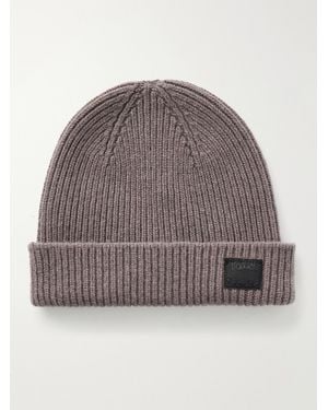 Paul Smith Logo-Appliquéd Ribbed Cashmere And Merino Wool-Blend Beanie - Gray