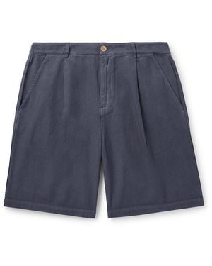 Folk Wide-Leg Pleated Garment-Dyed Herringbone Cotton Shorts - Blue