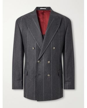 Brunello Cucinelli Double-Breasted Pinstriped Wool, Cashmere And Silk-Blend Flannel Suit Jacket - Black