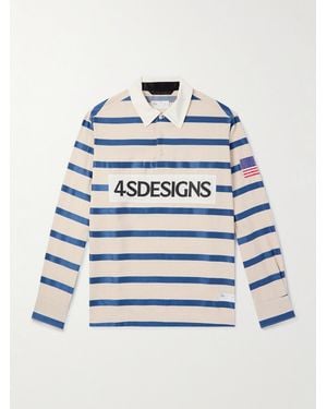 4SDESIGNS Rugby Appliquéd Striped Lyocell And Linen-Blend Polo Shirt - Blue