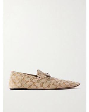 Gucci Horsebit-Embellished Distressed Monogrammed Canvas Loafers - Natural