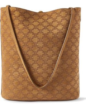 Celine Logo-Debossed Suede Bucket Bag - Brown