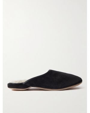 Derek Rose Douglas Leather-Trimmed Shearling-Lined Suede Slippers - Black