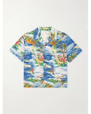 CHERRY LA Camp-Collar Logo-Printed Poplin Shirt - Blue
