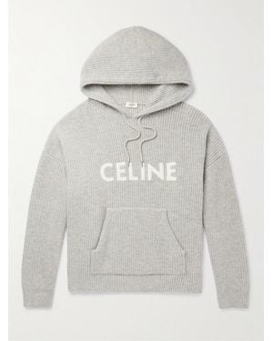 Celine Logo-appliquéd Ribbed Wool Hoodie - Grey