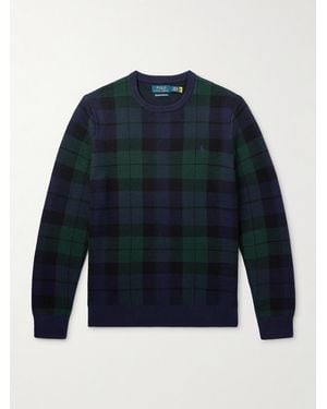 Polo Ralph Lauren Logo-Embroidered Checked Wool Jumper - Blue