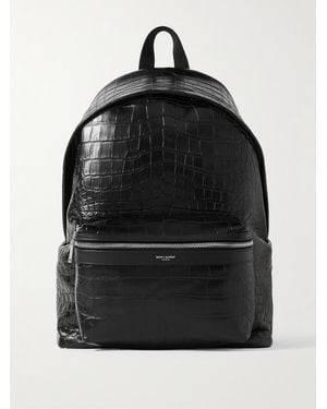 Saint Laurent City Croc-Effect Glossed-Leather Backpack - Black