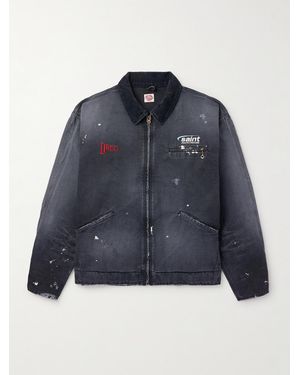 SAINT Mxxxxxx Corduroy-Trimmed Logo-Embroidered Distressed Cotton-Canvas Jacket - Blue