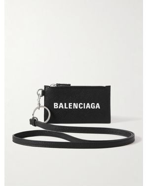 Balenciaga Logo-Print Full-Grain Leather Cardholder With Lanyard - Black