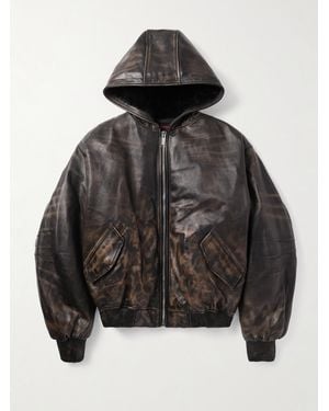 424 Verkürzte Bomberjacke aus wattiertem Leder mit Kapuze und Leopardenprint - Schwarz