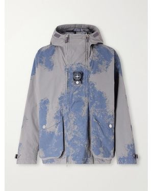 Stone Island Garment-Dyed Paint-Splattered David Light-Tc Shell Hooded Parka - Blue