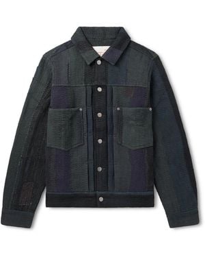 Kardo Marvin Distressed Patchworked Kantha Cotton Trucker Jacket - Blue