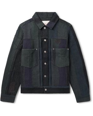 Kardo Marvin Distressed Patchworked Kantha Cotton Trucker Jacket - Blue