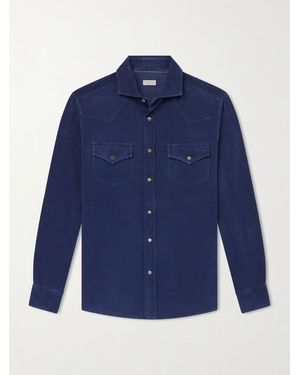 Brunello Cucinelli Cutaway-Collar Cotton-Corduroy Western Shirt - Blue