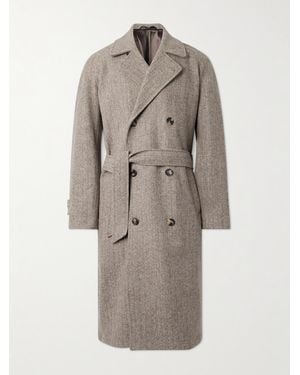 De Bonne Facture Grandad Double-Breasted Herringbone Wool Coat - Grey