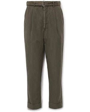 Officine Generale Hugo Straight-Leg Belted Pleated Garment-Dyed Lyocell, Linen And Cotton-Blend Pants - Green