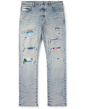Amiri Aloha Thrasher Skinny-Fit Distressed Embellished Paneled Jeans - Blue