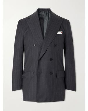 Kiton Double-Breasted Pinstriped Wool Suit Jacket - Blue