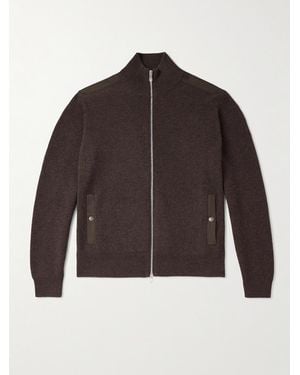 Brunello Cucinelli Cotton Twill-Trimmed Ribbed Cashmere Zip-Up Cardigan - Brown