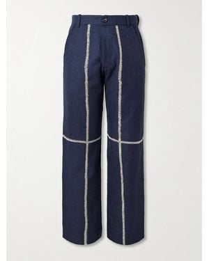 Kartik Research Rabari Straight-Leg Embroidered Textured-Wool Trousers - Blue