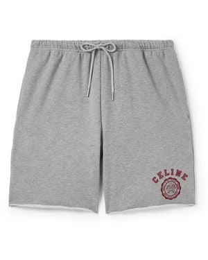 Celine Straight-Leg Logo-Flocked Cotton-Jersey Drawstring Shorts - Gray