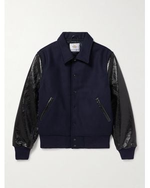 Golden Bear Padded Wool-Blend Felt And Cracked Glossed-Leather Varsity Jacket - Blue