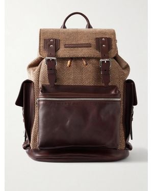 Brunello Cucinelli Leather-Trimmed Herringbone Canvas Backpack - Brown