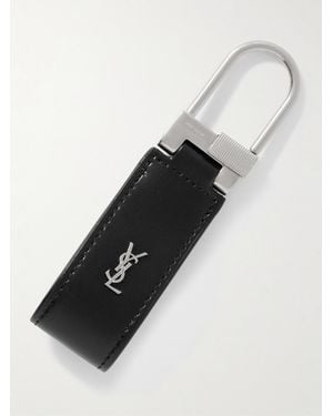 Saint Laurent Tiny Cassandre Logo-embellished Leather And Silver-tone Key Fob - Black