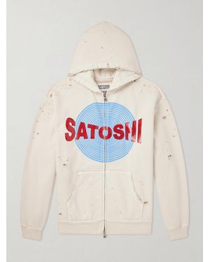 Satoshi Nakamoto Motoslug Logo-Print Distressed Cotton-Jersey Hoodie - White