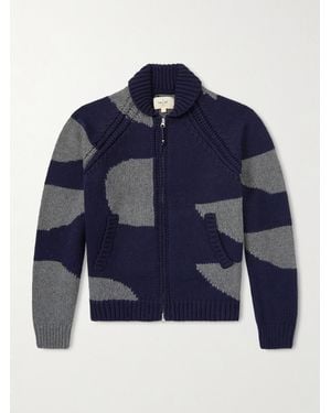 Folk Curve Two-Tone Knitted Zip-Up Cardigan - Blue