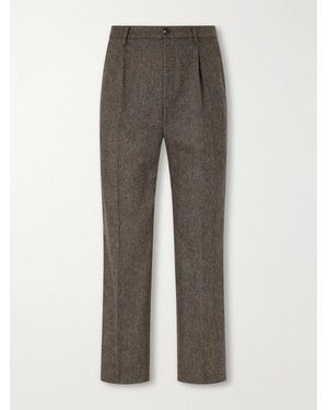 Portuguese Flannel Straight-Leg Pleated Wool Herringbone Trousers - Grey