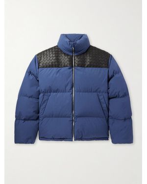 Bottega Veneta Intrecciato Leather-Trimmed Quilted Cotton-Poplin Down Jacket - Blue