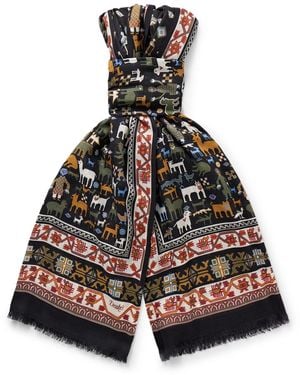 Drake's Frayed Printed Wool And Silk-Blend Scarf - White